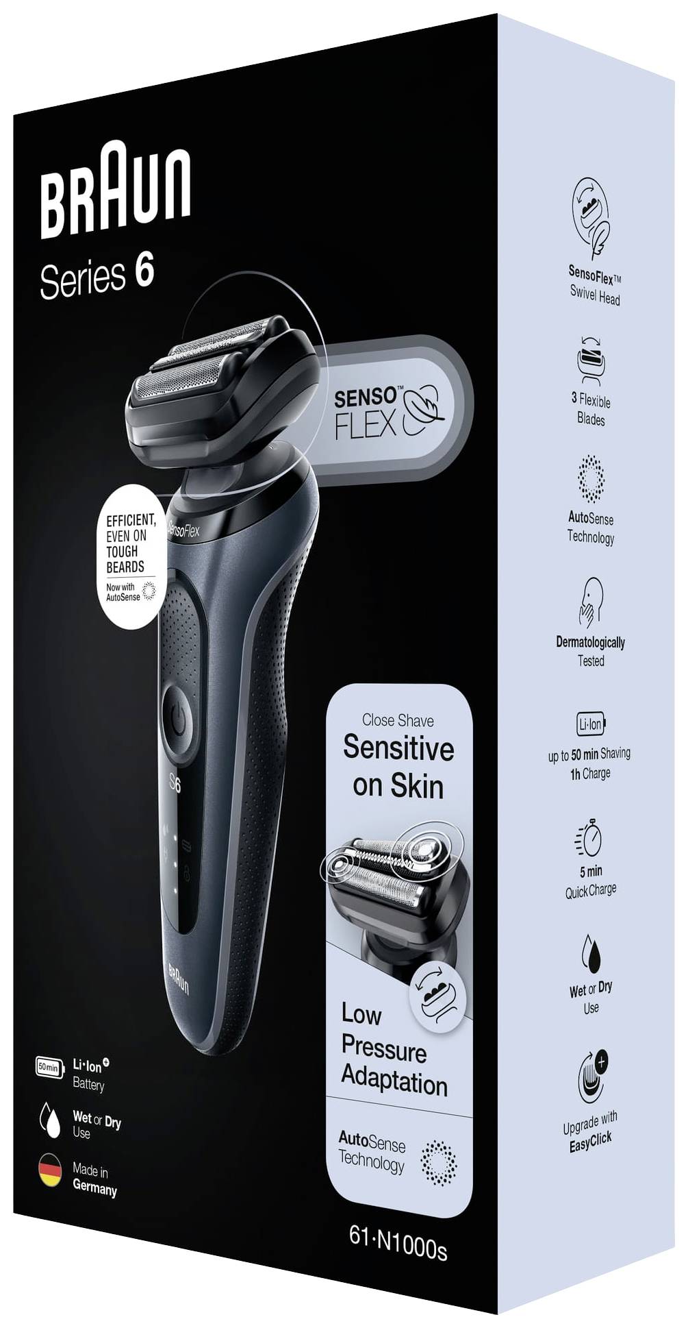 Verpakking van een Braun Series 6 scheerapparaat met SensoFlex-technologie, geoptimaliseerd voor gevoelige huid. Bevat informatie over flexibiliteit en huidvriendelijkheid.