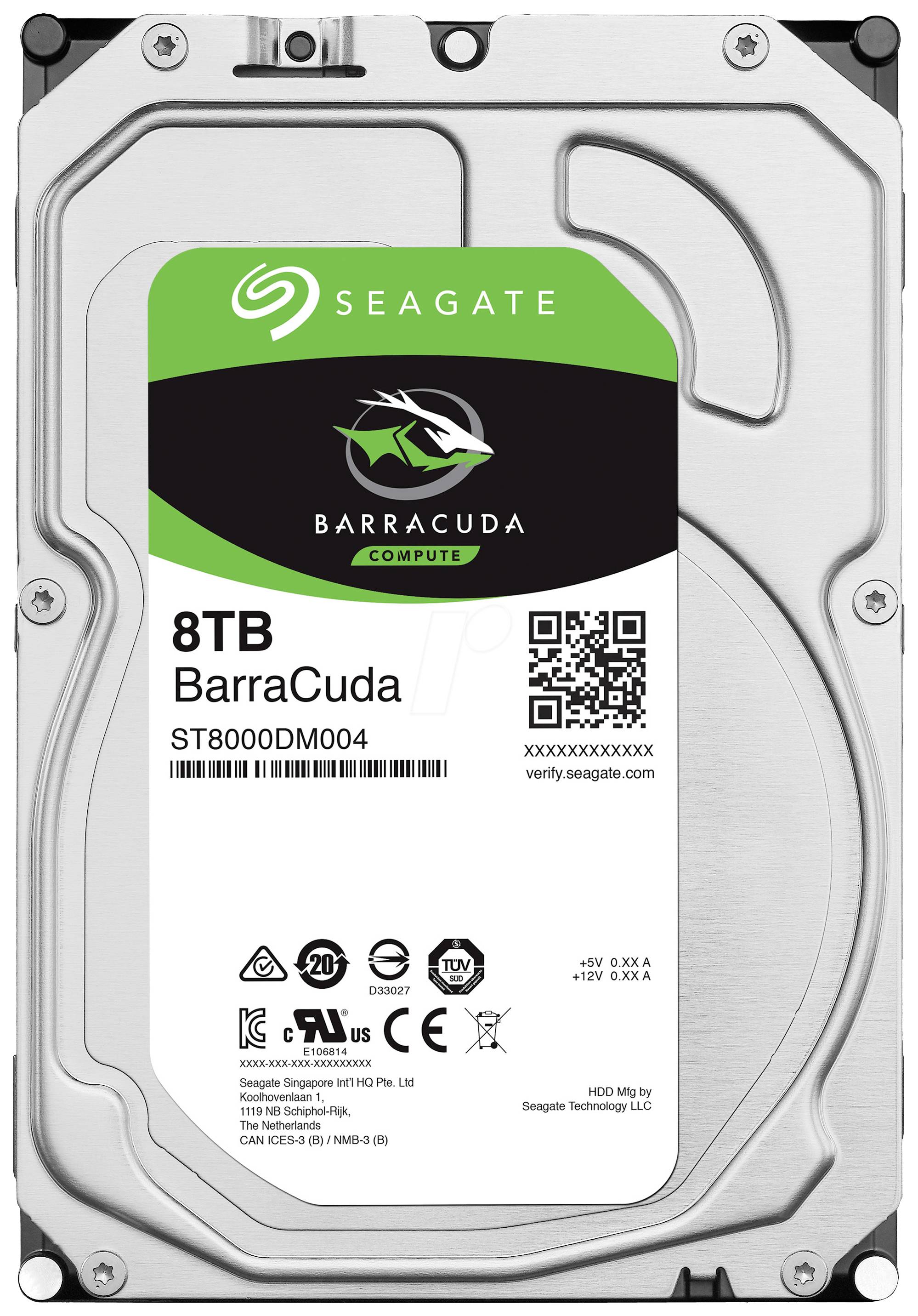 Seagate Barracuda 8TB harde schijf met groen-zwart etiket, model ST8000DM004, toont opslagcapaciteit en technische specificaties.