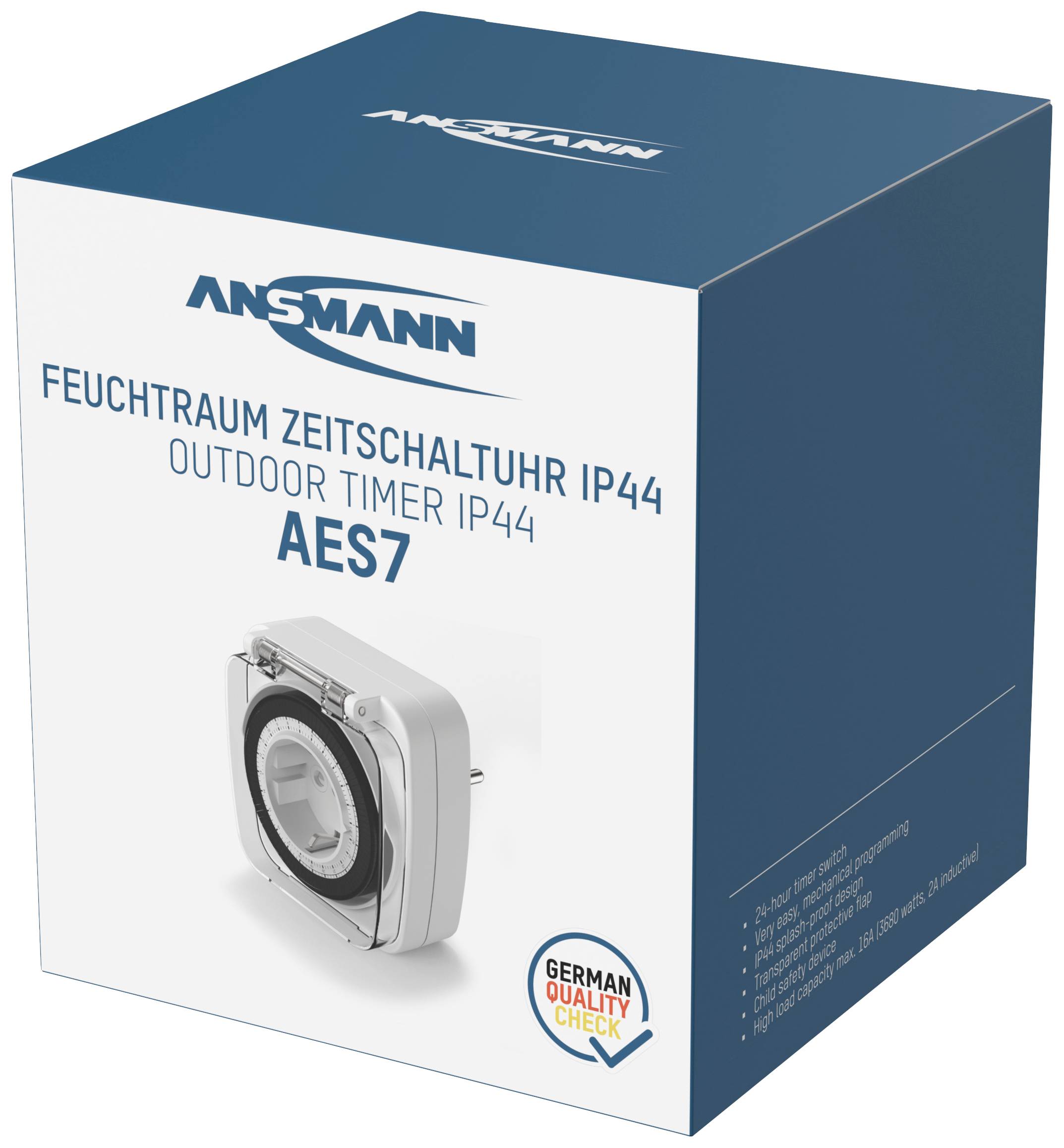 Verpakking van een 'ANSMANN' vochtbestendige tijdschakelklok IP44, model 'AES7', met Duits kwaliteitskeurmerk, geschikt voor buitengebruik.