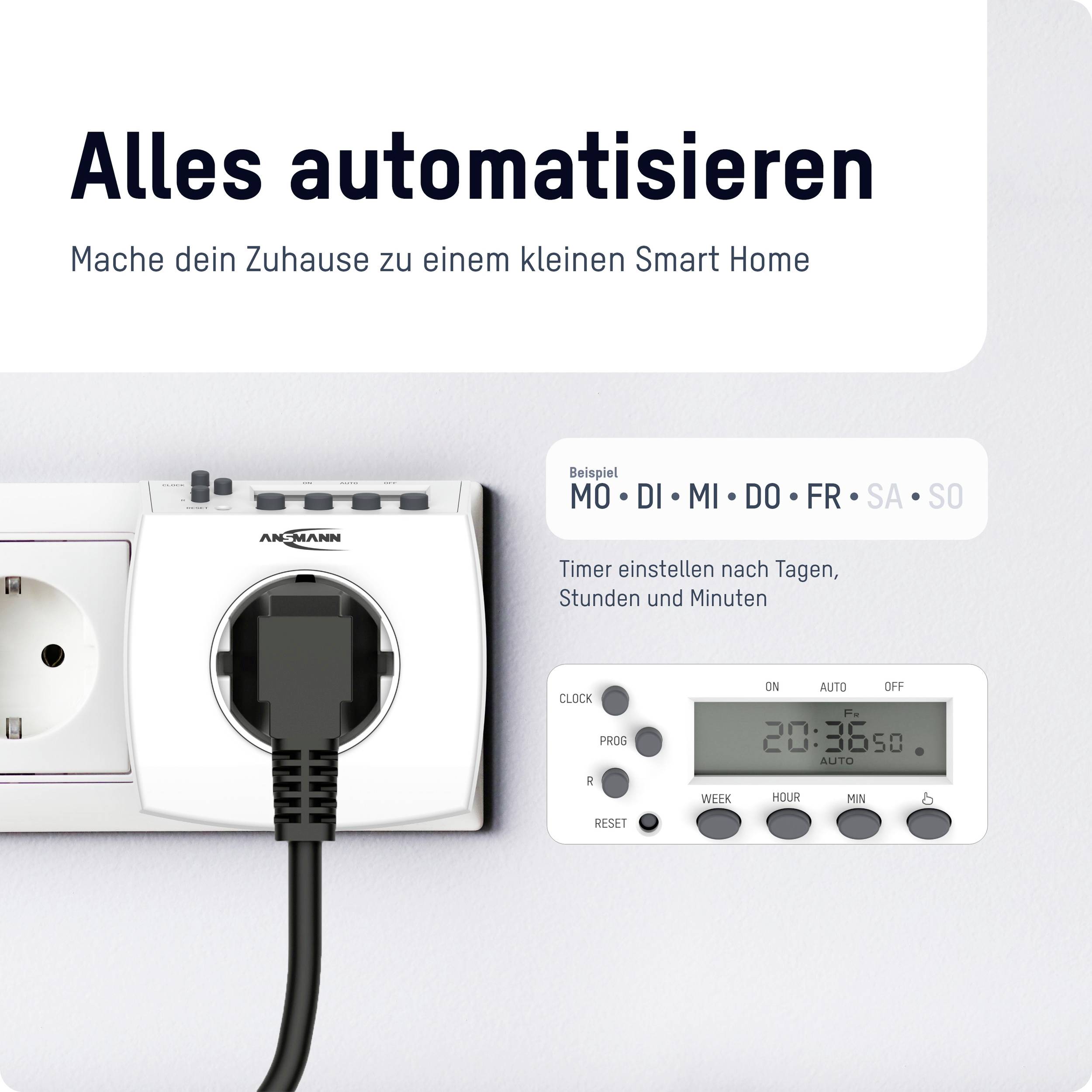 Een slimme stekker in een stopcontact. Tekst: 'Alles automatiseren'. Een timer toont '20:36:50'. Dagen: 'Ma, Di, Wo, Do, Vr, Za, Zo'.