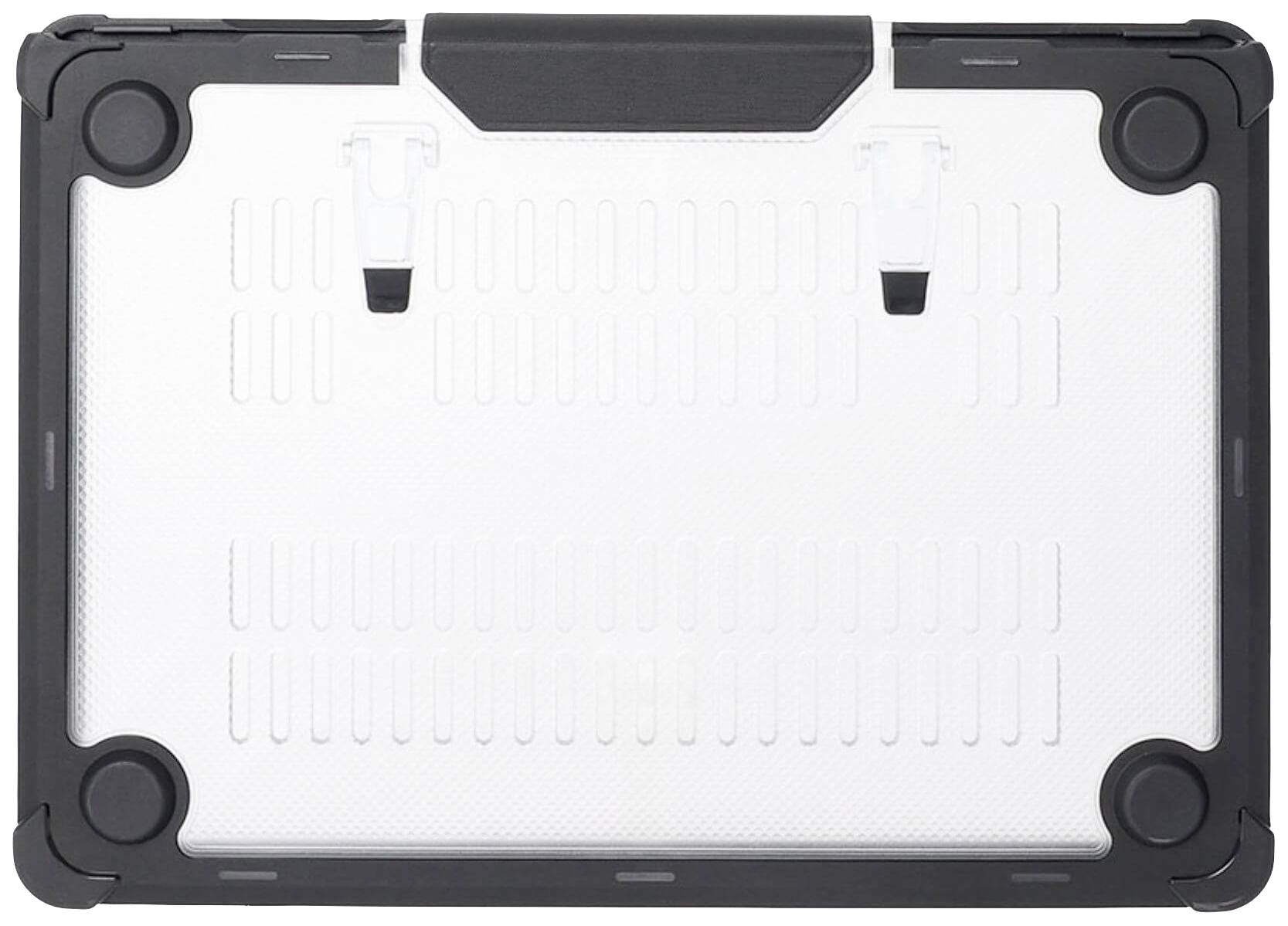 De bodem van een robuuste laptopkoffer met een zwarte rand, versterkte hoeken en twee opklapbare steunpoten voor stabiliteit.