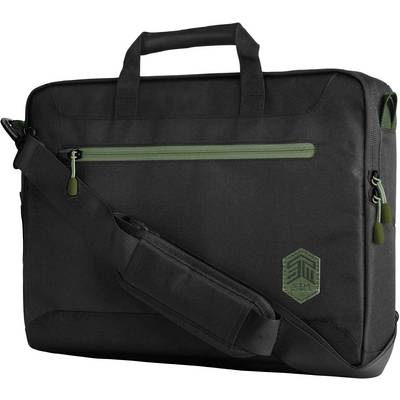 Een zwarte schoudertas met groene ritsen en een handgreep. Hij heeft een modern design met een logo op de voorkant.