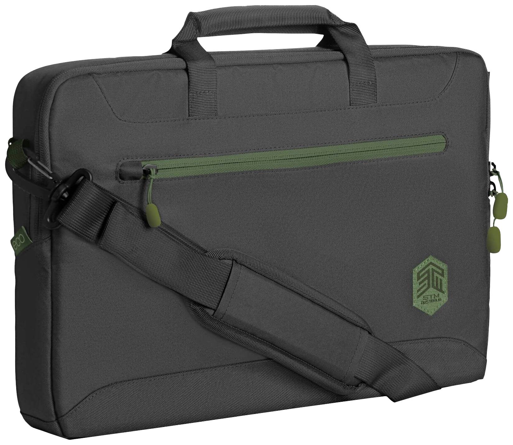 Een zwarte laptoptas met een schouderband en een groen ritsvak aan de voorkant.