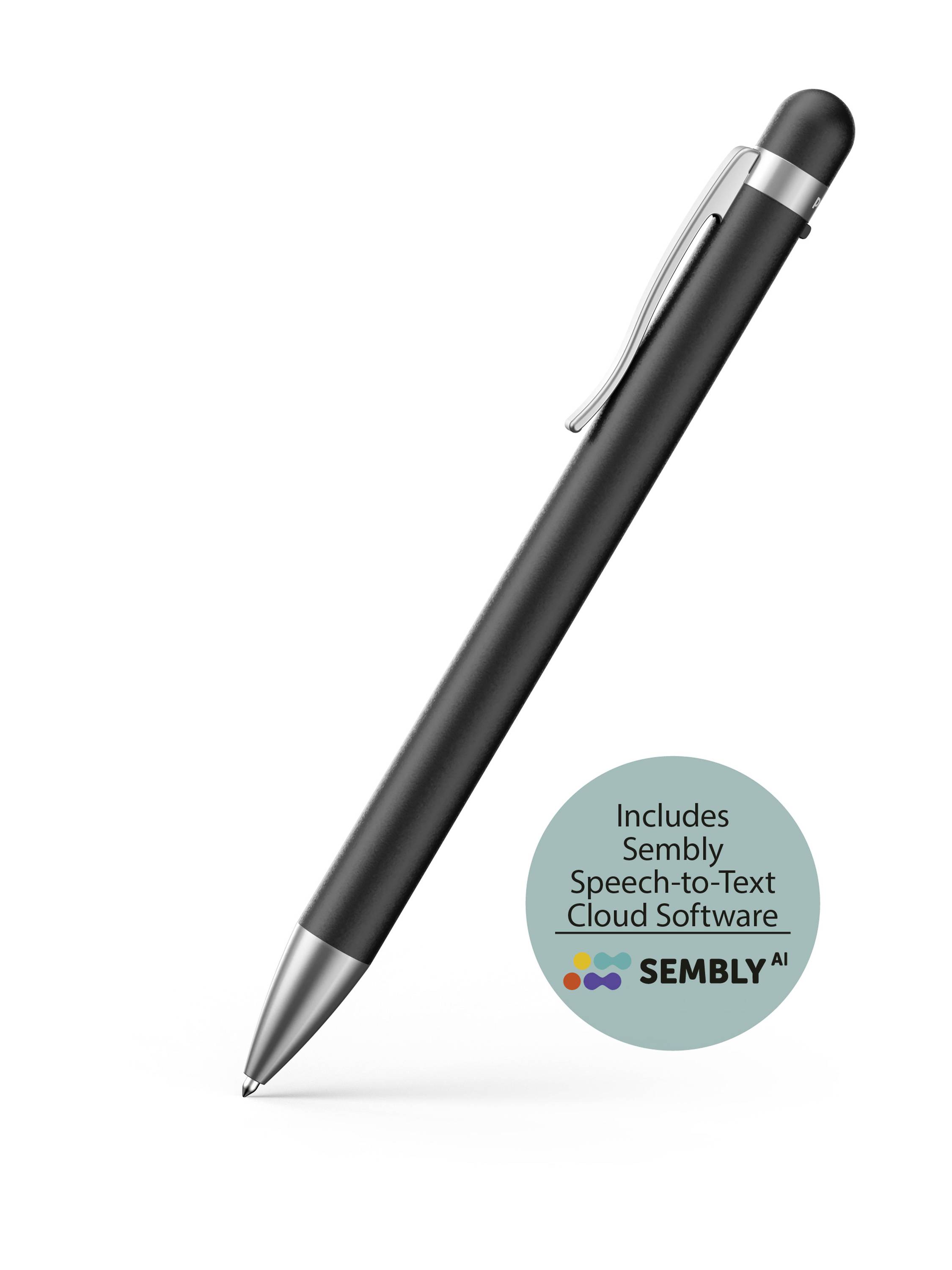 Een zwarte pen met touchfunctie. Een rond sticker naast de pen informeert over de meegeleverde 'Sembly Speech-to-Text Cloud Software'.