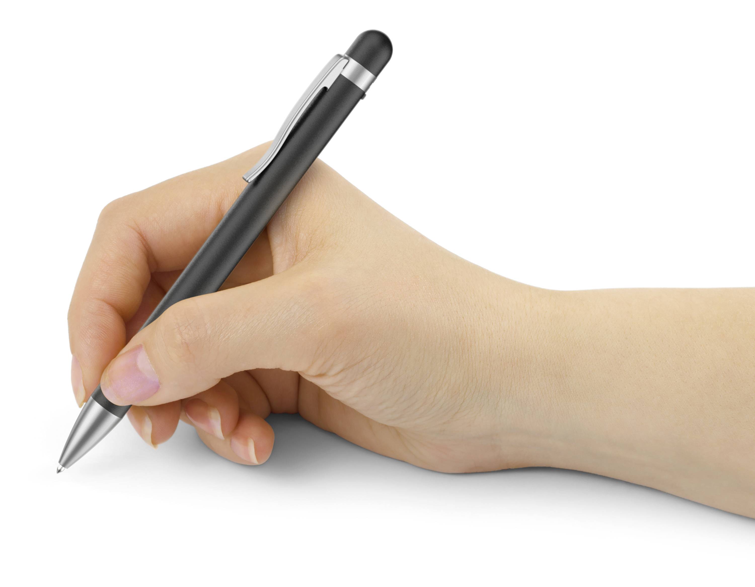 Een hand houdt een zwarte balpen vast en schrijft op een wit oppervlak.