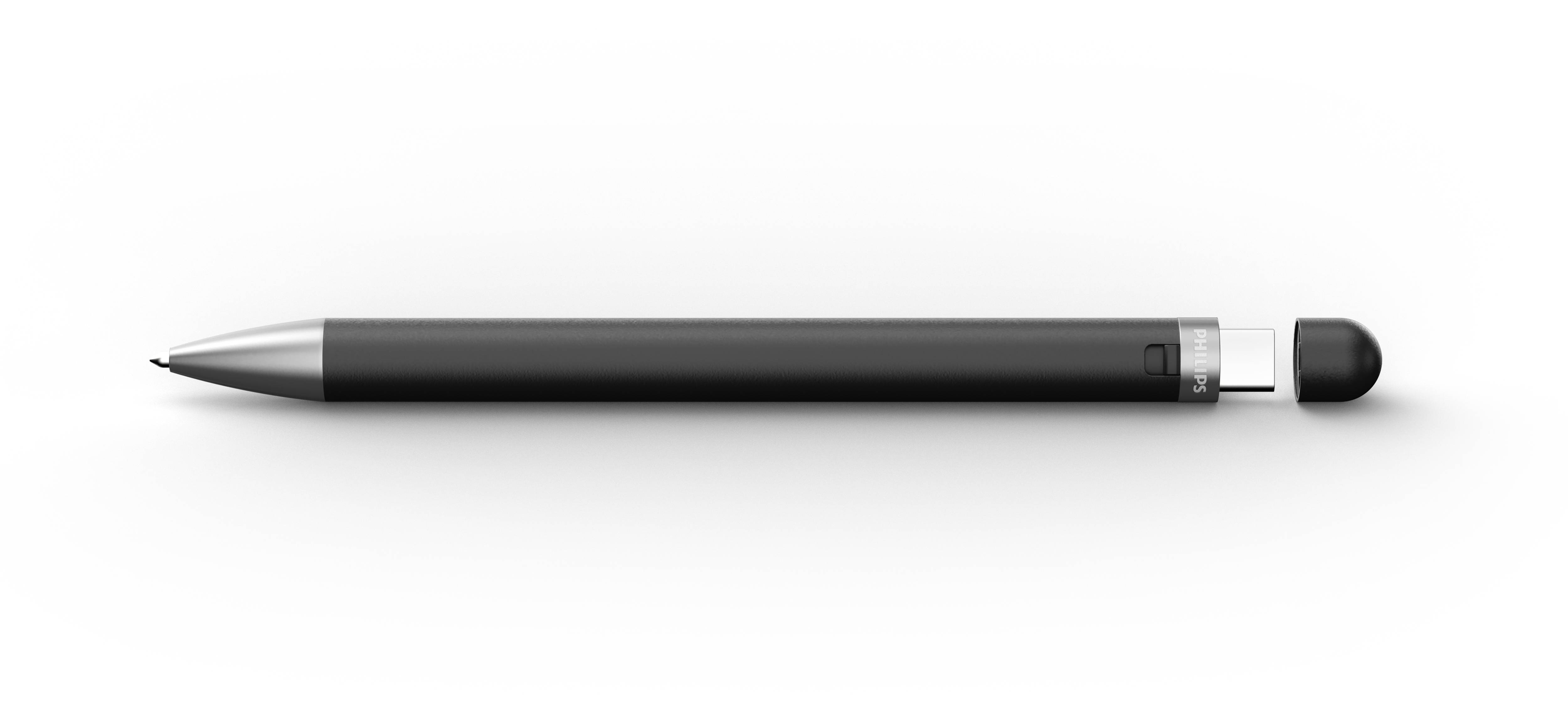 Een zwarte stylus-pen met een zilveren punt en een afgeronde rubberen kop aan het andere uiteinde, horizontaal liggend op een witte achtergrond.