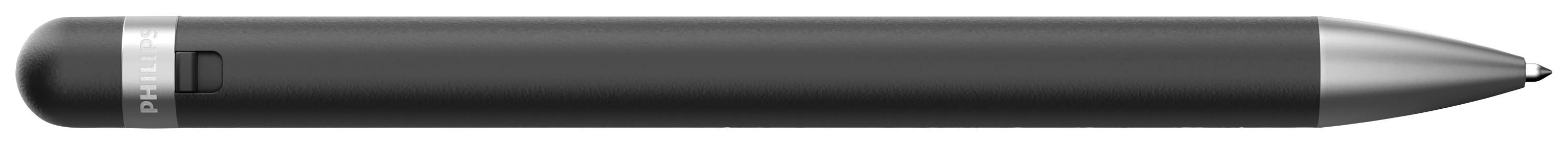 Zwarte digitale stylus met scherpe punt en zijknop, geschikt voor tablets of touchscreens.
