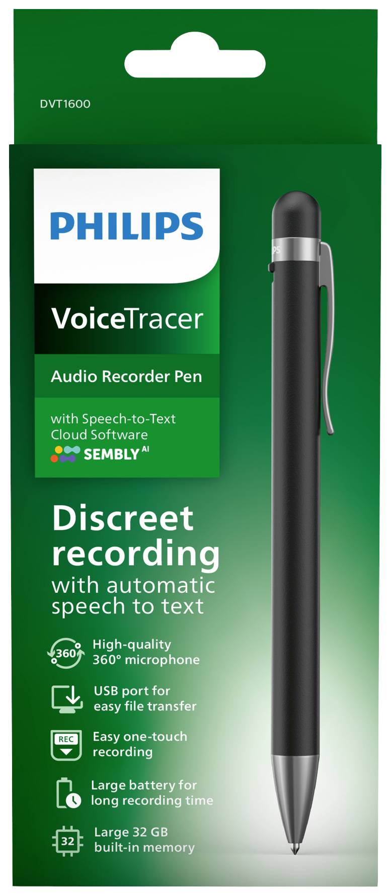 Op de verpakking: Philips VoiceTracer audiorecoderpen met 360° microfoon, USB-aansluiting en 32 GB opslag. Ondersteunt spraak-naar-tekst.