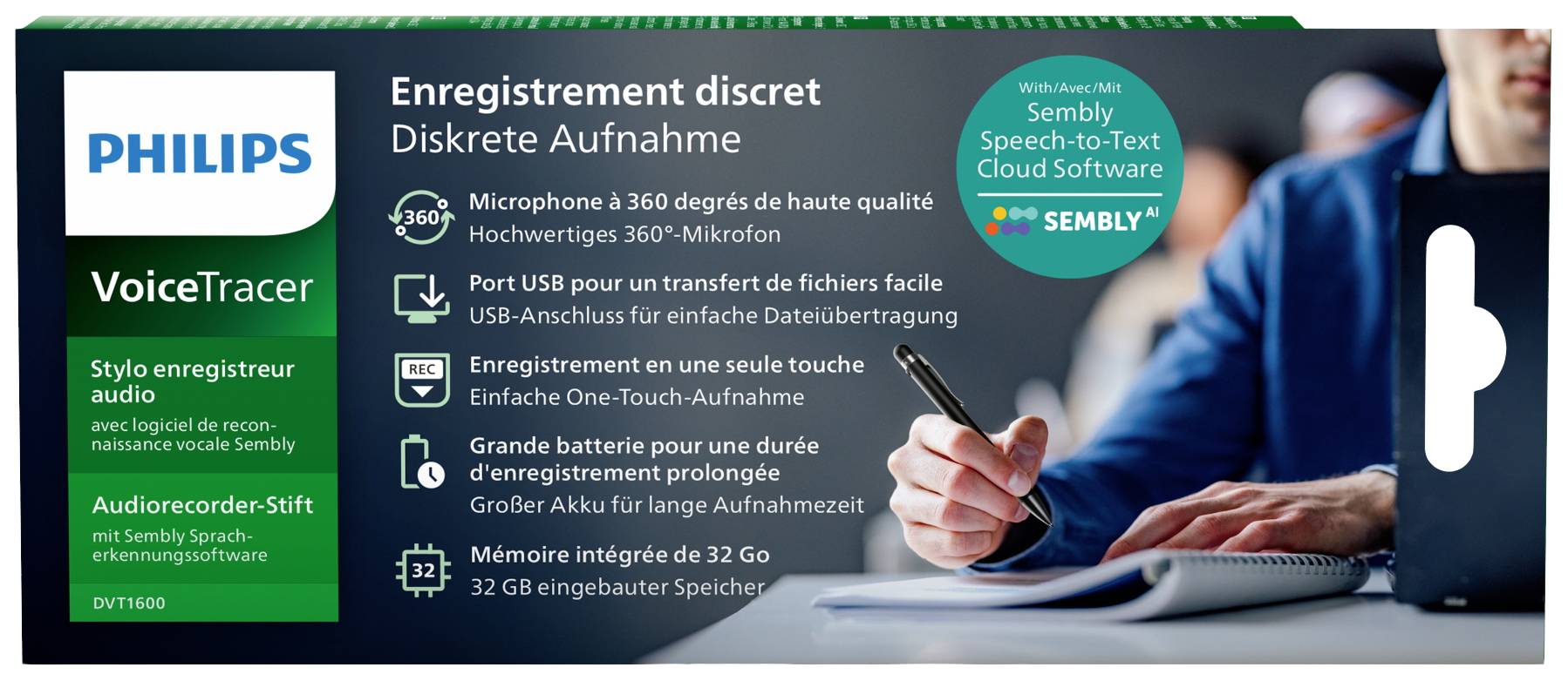 'Philips VoiceTracer, discrete opname met 360°-microfoon, 32 GB geheugen, USB-overdracht, lange batterijduur, inclusief Sembly Software.'
