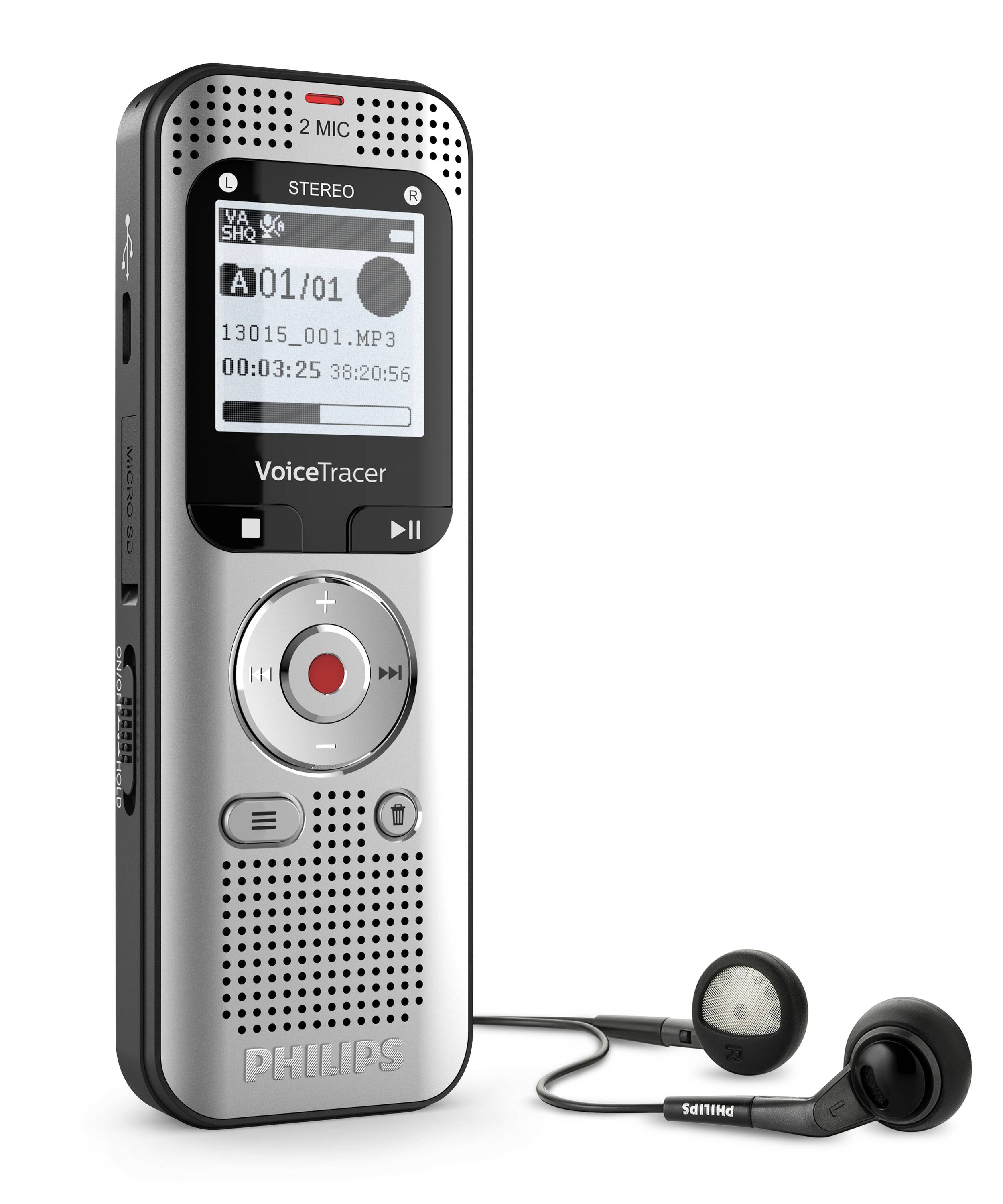 Een zilveren digitale recorder met display toont een lopende opname. Zwarte koptelefoon aangesloten. Merk duidelijk zichtbaar.