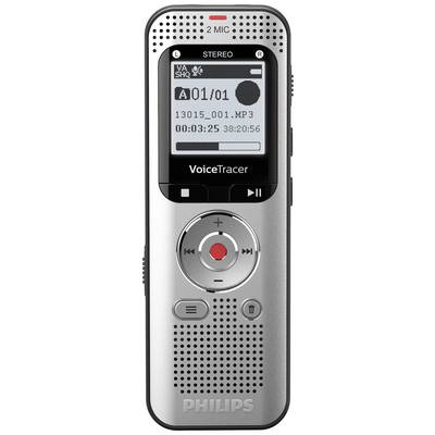 Digitale Voice Recorder van Philips met display, afspeeltoets, luidspreker en microfoon bovenaan. Toont opname-informatie op het display.