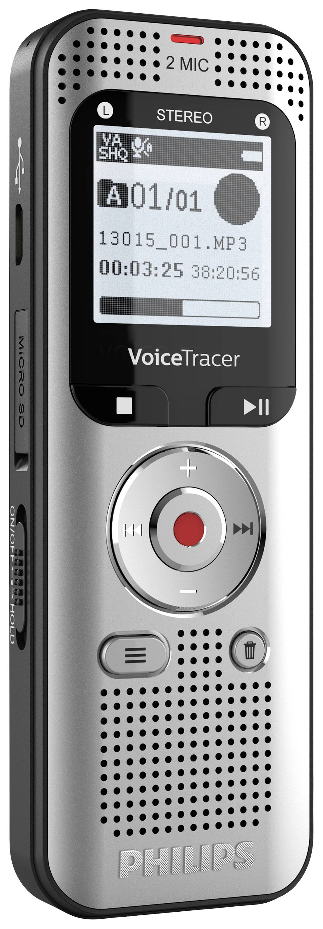 'Philips VoiceTracer' dicteerapparaat met display, weergavetasten en microfoon in zilver-zwart. Toont opnametijd en bestandsnaam.