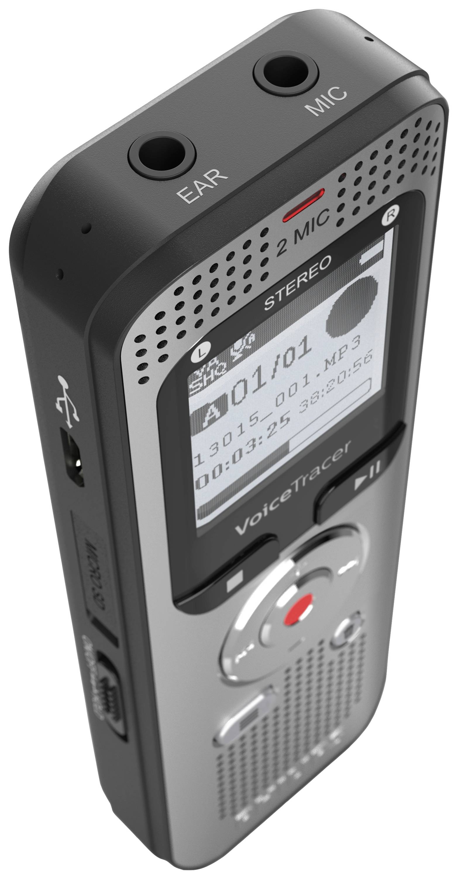 Digitale voice recorder met display toont 'Track A01/01', batterijniveau en opnametijd. Bovenaan microfoon- en koptelefoonaansluitingen.