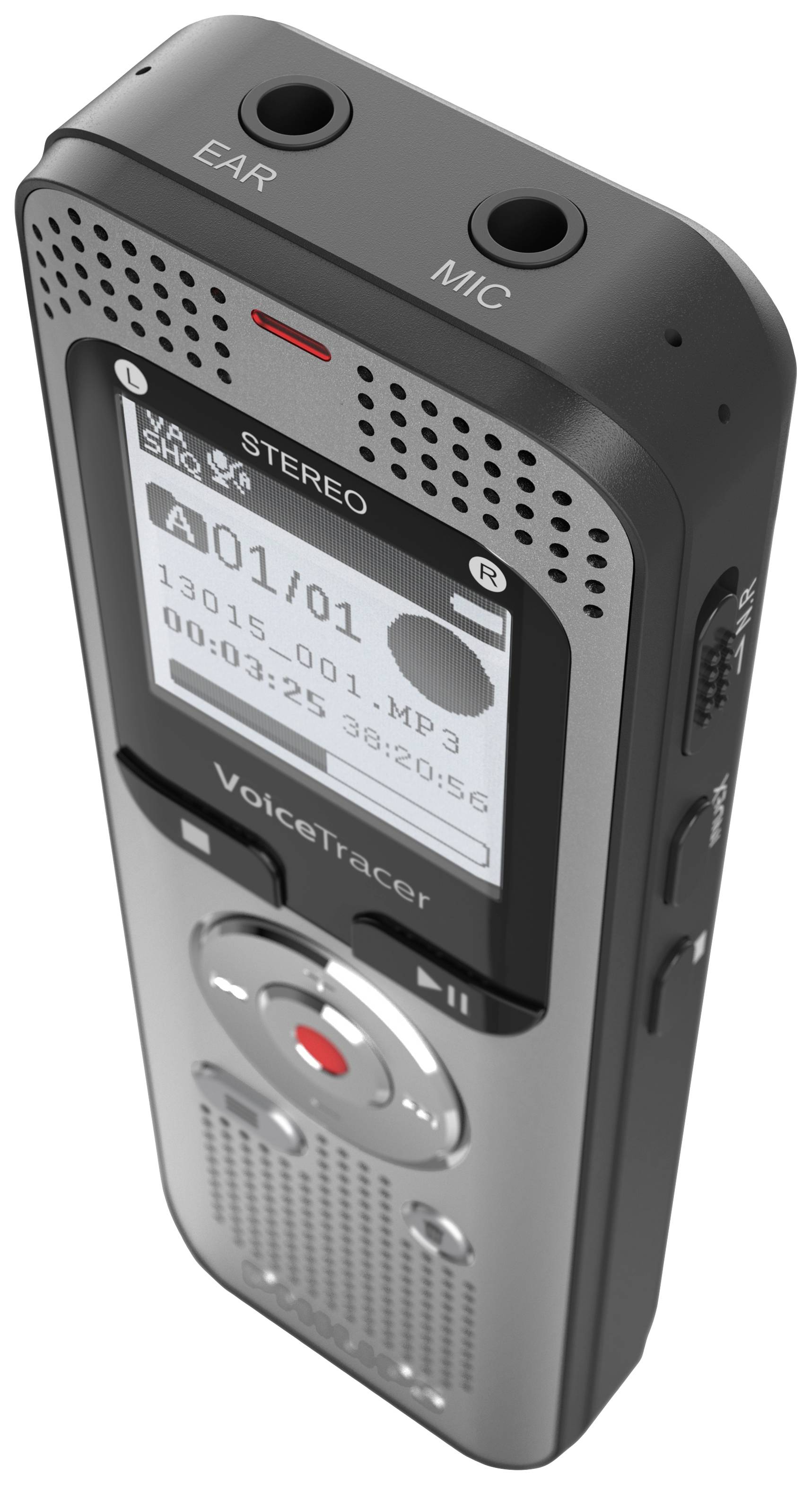 Draagbare dictafoon met scherm dat '1301/01 MP3 00:03:25 33:20:56' weergeeft. Toetsen voor opname, afspelen en menufuncties.