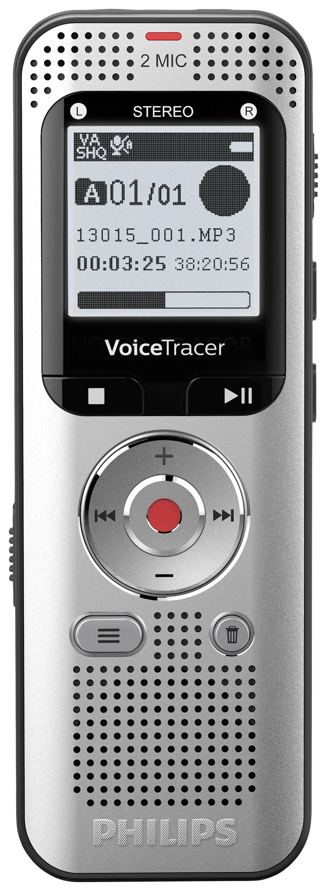 Digitale Voice Recorder van Philips met beeldscherm. Toont bestandsnaam, opnametijd en batterijniveau. Bevat bedieningsknoppen.