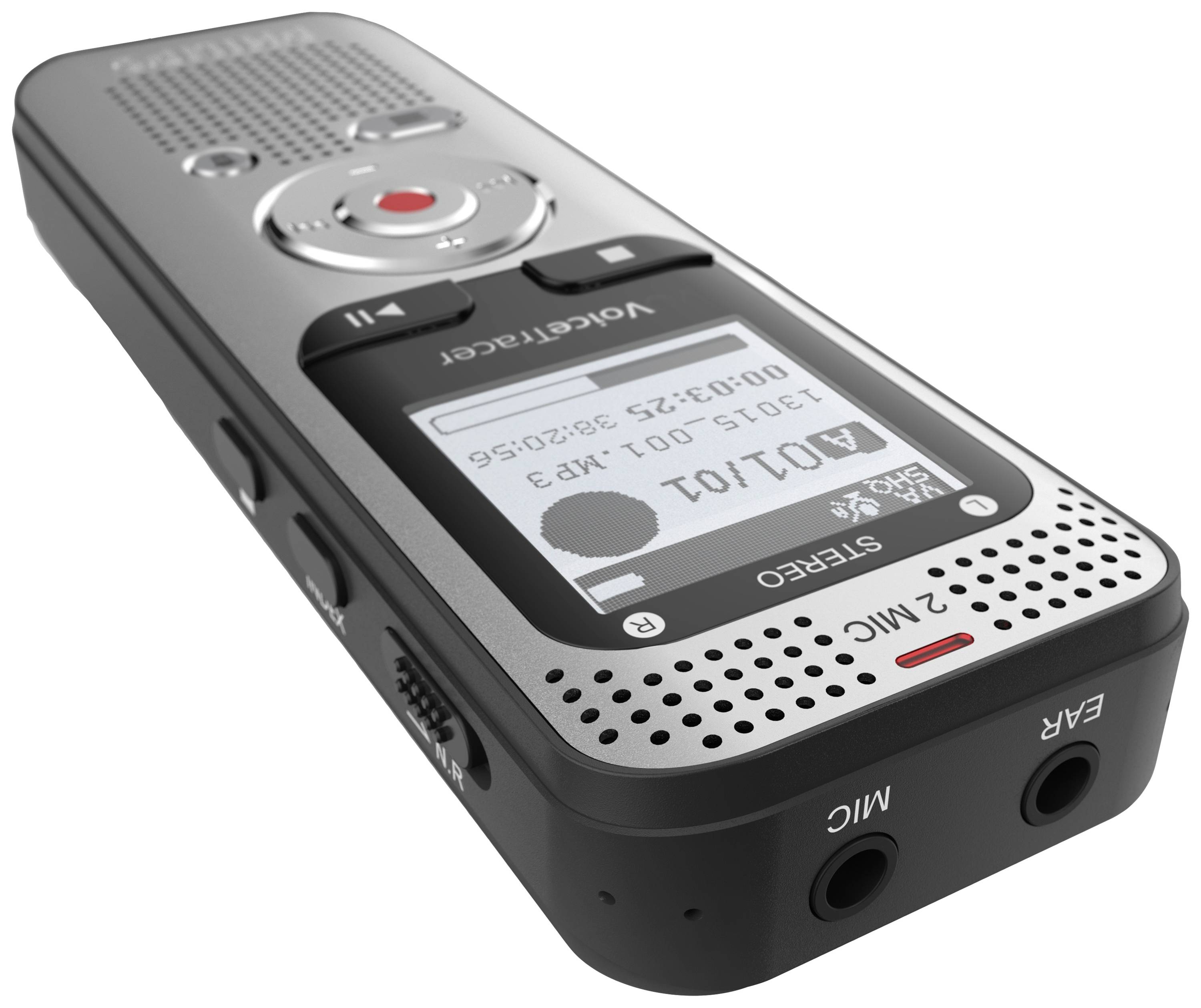Een zilveren draagbare audiorecorder met digitale displays en bedieningselementen aan de voorkant; microfoon- en koptelefoonaansluitingen aan de onderkant.