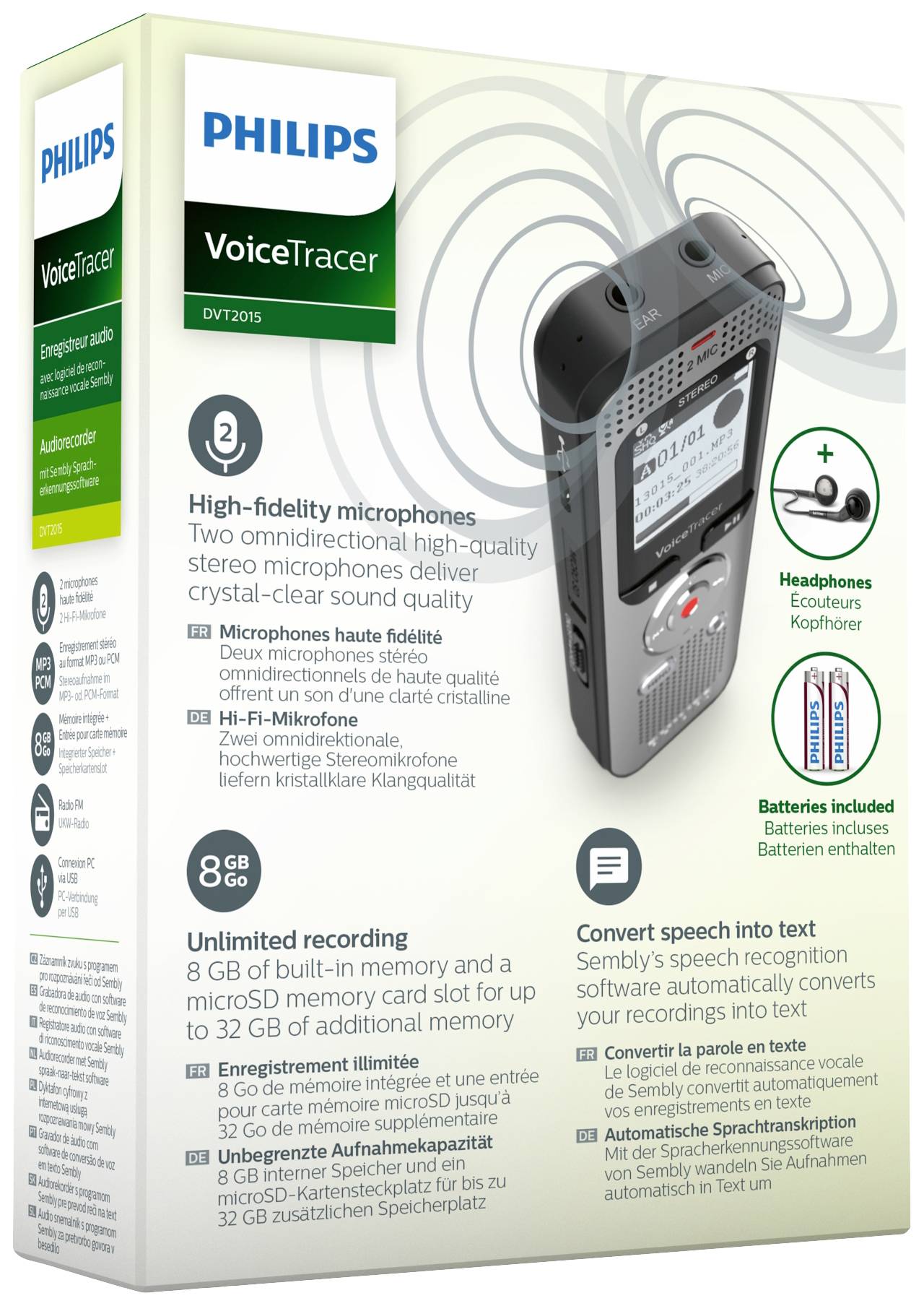 Philips VoiceTracer opnameapparaat met twee microfoons voor heldere geluidsopnames, 8 GB intern geheugen, uitbreidbaar tot 32 GB.
