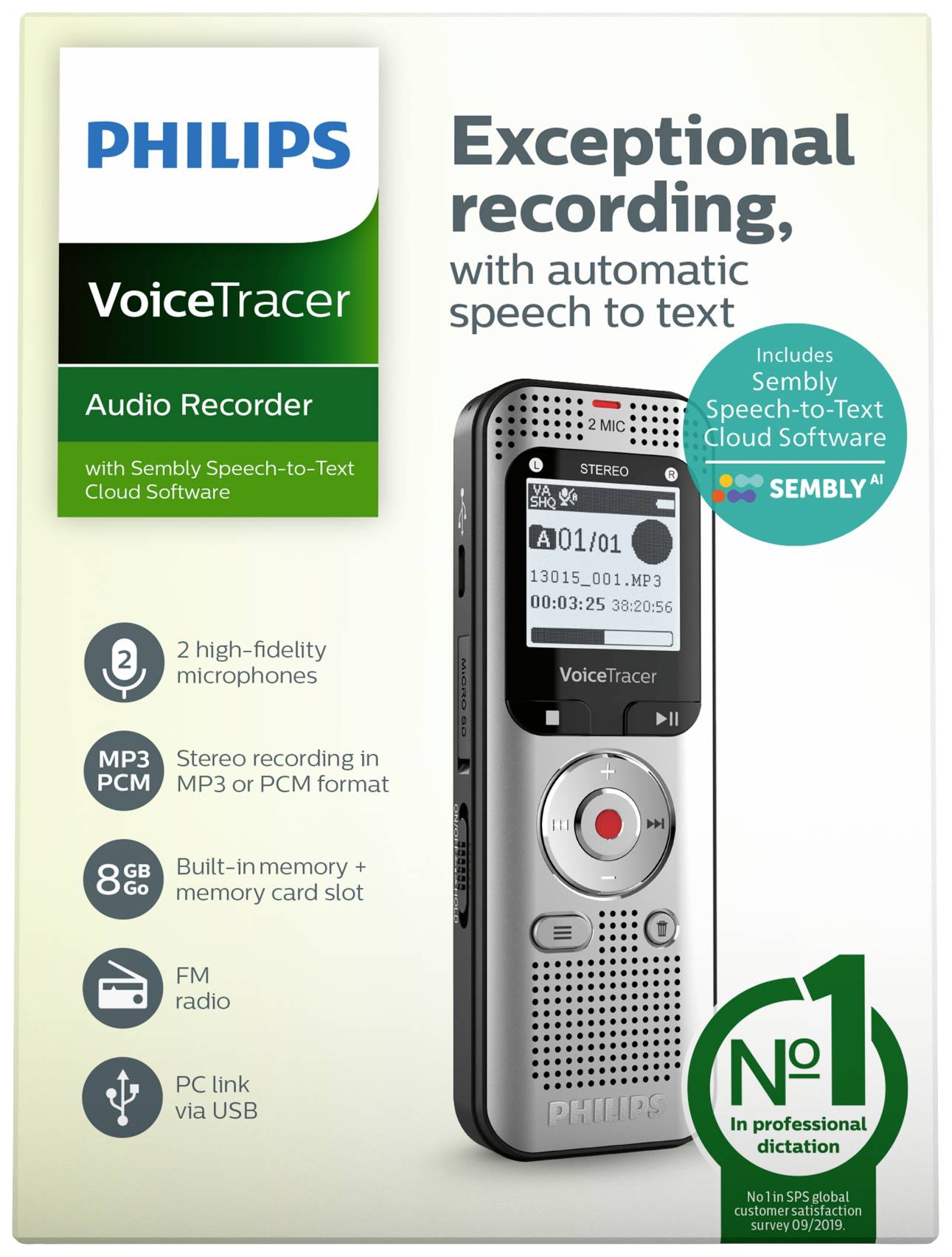 Philips Voice Recorder 'VoiceTracer' met automatische spraakherkenning. Opname in MP3 of PCM. Inclusief Sembly spraakherkennningssoftware.