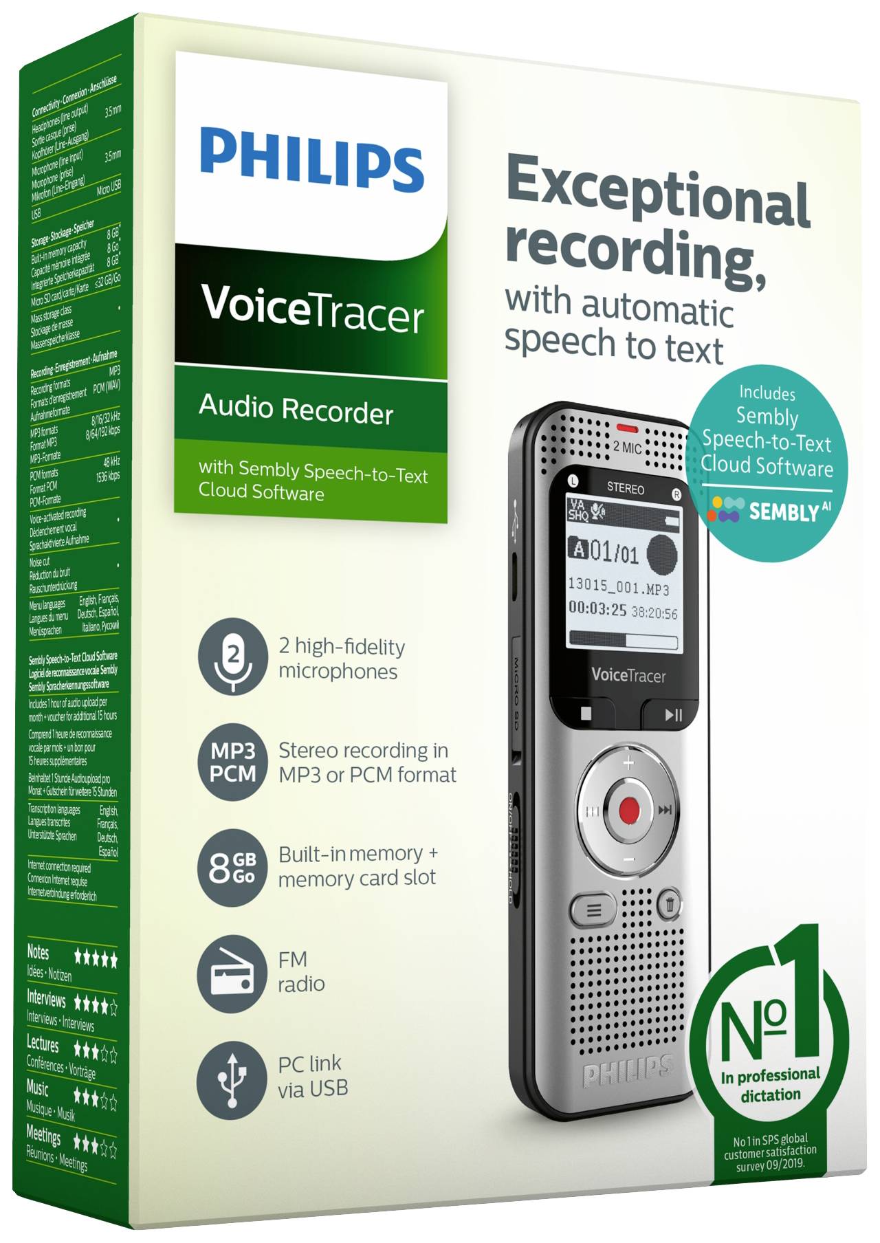 Op de verpakking van een Philips VoiceTracer audiorecorder wordt benadrukt dat hij hoogwaardige opnamen met automatische spraakherkenning biedt. Bevat Sembly-software.