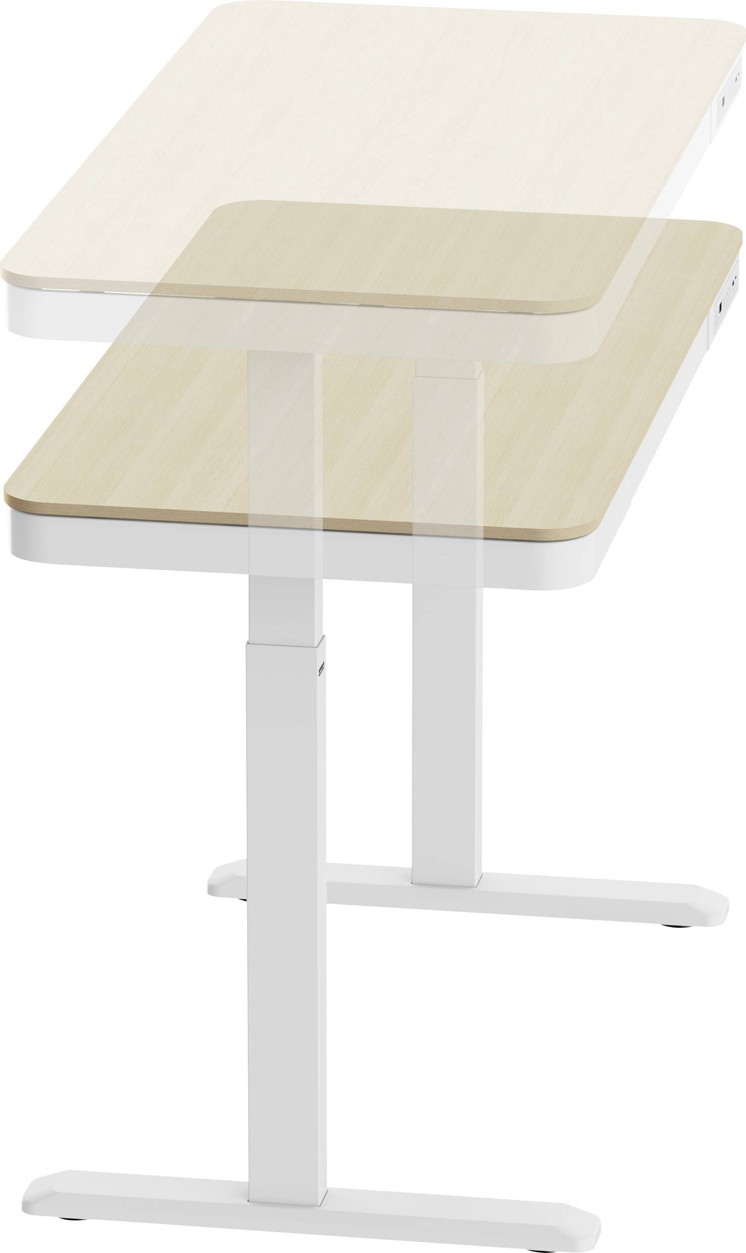 Hoogteverstelbare tafel met een lichte houten tafelblad en wit frame. Verstelbare hoogte door middel van een elektrisch mechanisme.