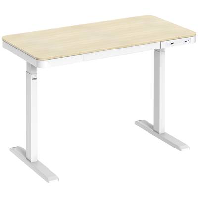 Een in hoogte verstelbaar bureau met een lichte houten bovenblad en een wit frame. Geschikt voor ergonomisch werken op kantoor.