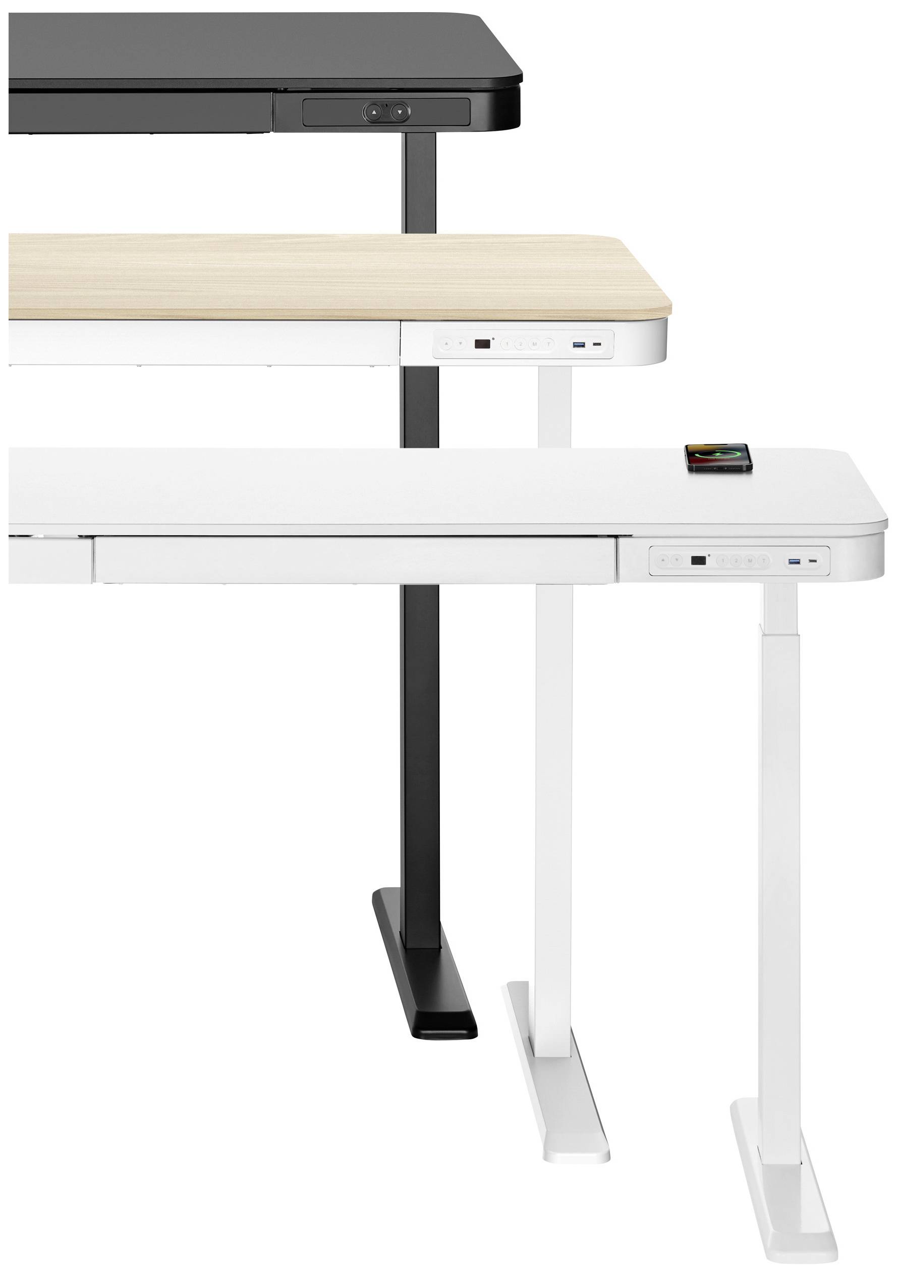 In hoogte verstelbare bureaus in zwart, lichtbruin en wit, gestapeld over elkaar, tonen verschillende tafelblad kleuren en -hoogtes.