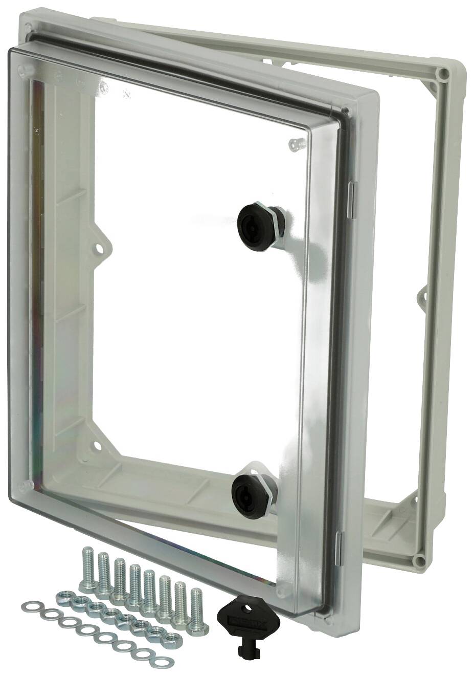 Transparante, harde kunststof afdekking met schroeven en sleutels, geschikt voor het beveiligen van afsluitkranen of bedieningspanelen.