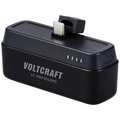 Een draagbare powerbank met USB-C-aansluiting. Merknaam 'Voltcraft VC-PBP3040PD' staat op de voorkant. Vier LED-indicatoren tonen de laadstatus.