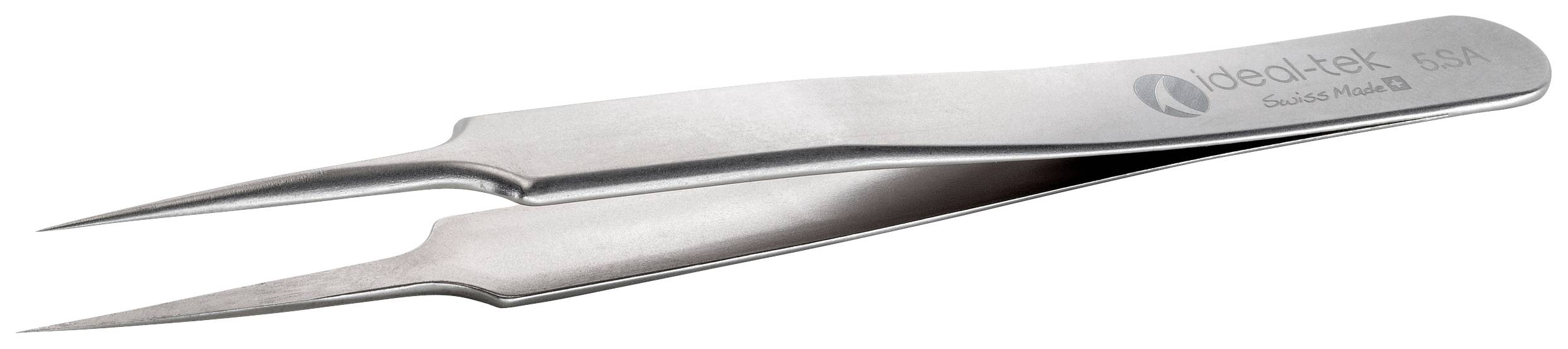 Een metalen pincet met puntige uiteinden ligt op zijn kant. Op de pincet is de tekst 'idea-tak swiss Made' zichtbaar.