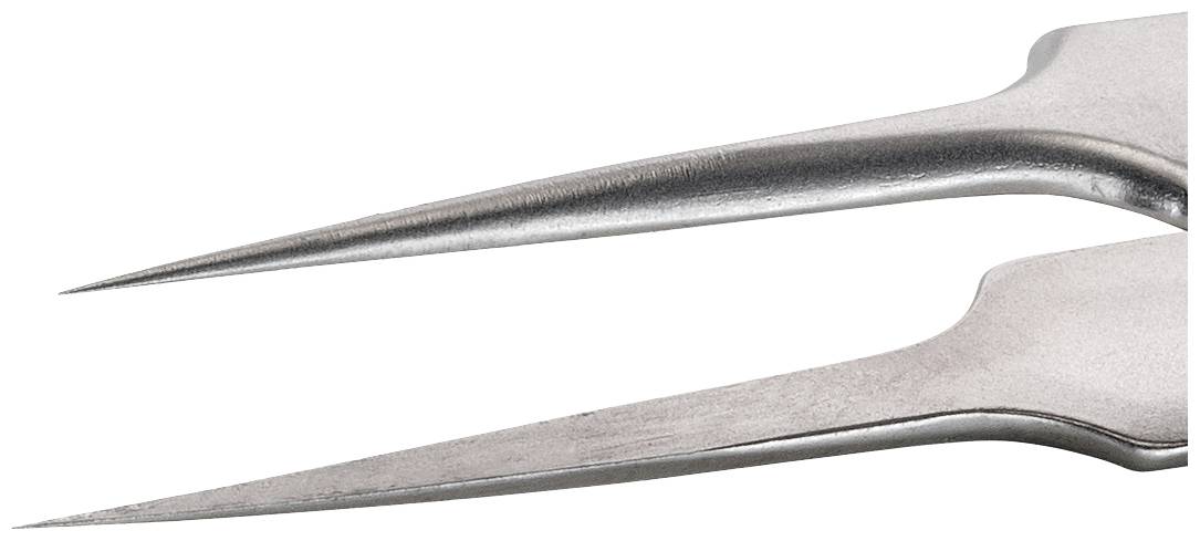 Twee puntige metalen gereedschappen die parallel aan elkaar zijn geplaatst. Ze hebben dunne, lange punten en kunnen worden gebruikt om kleine voorwerpen vast te pakken.