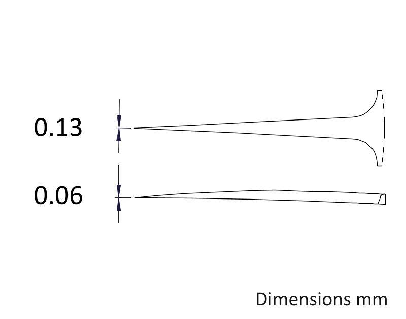 'Twee scherpe gereedschappen met verschillende uiteinden. Afmetingen zijn 0,13 mm en 0,06 mm. Beschrijving: Afmetingen mm.'