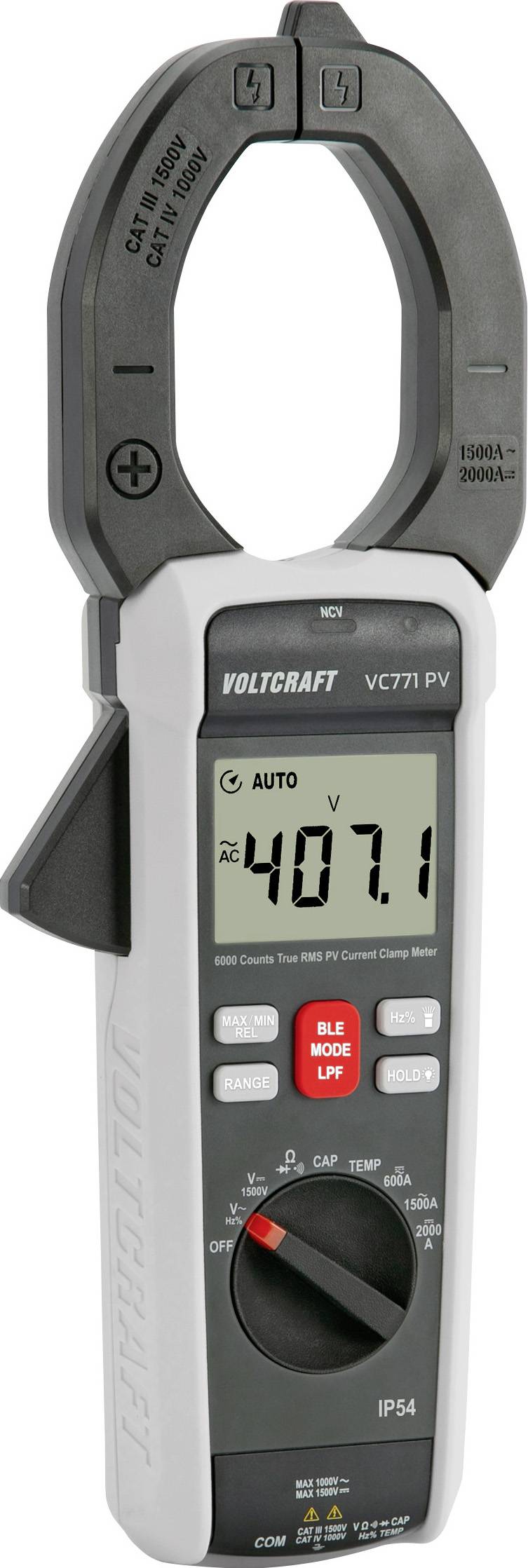 Klemmeterspanningsmeter met '407.1' weergegeven op het scherm, voorzien van knoppen en draaiknop voor metingen. Merk gelabeld als 'Voltcraft VC771 PV'.