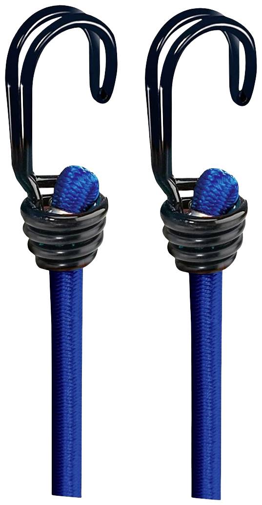 Twee blauwe spanriemen met haken aan de uiteinden. De haken zijn zwart en van metaal. Ze worden meestal gebruikt om voorwerpen vast te zetten.