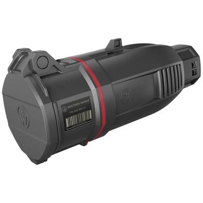Een zwart, cilindrisch apparaat met rode accenten en een barcode. Het heeft het logo 'Walther Werke' en meerdere groeven en kleppen.
