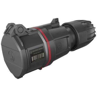 Zwarte cilindrische voorwerp met rode streep, barcode en opschrift 'WALTHER WERKE'. Ziet eruit als een elektronisch apparaat.