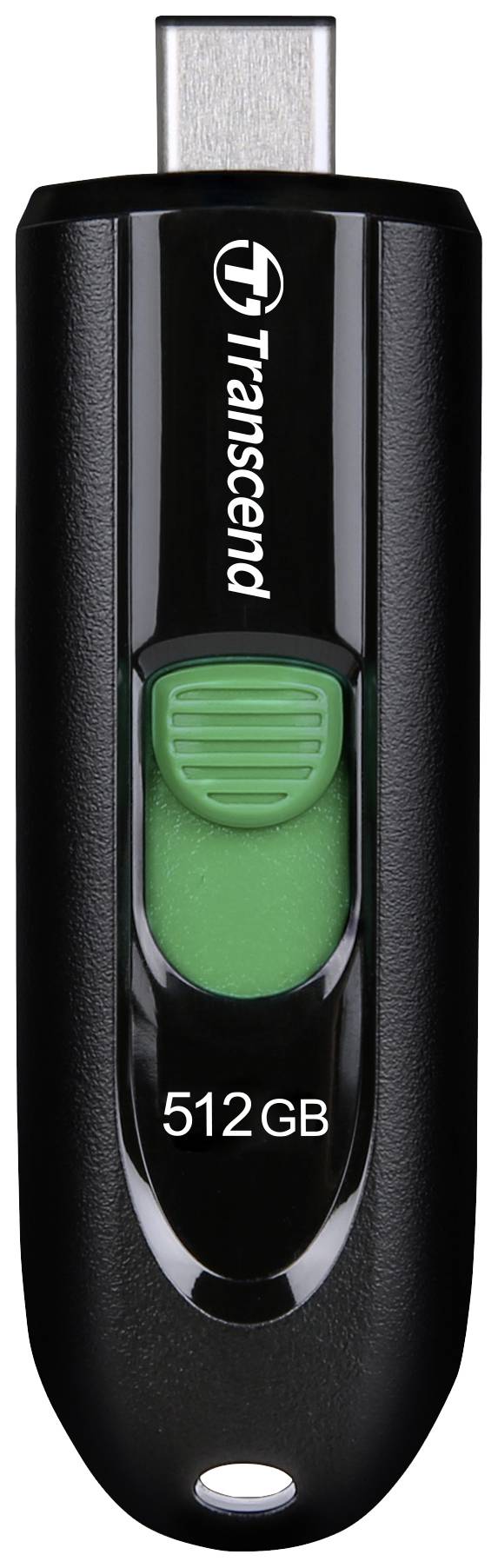 USB-stick met 512 GB capaciteit, zwarte behuizing, groene knop, merk 'Transcend'. Geschikt voor gegevensopslag en -overdracht.