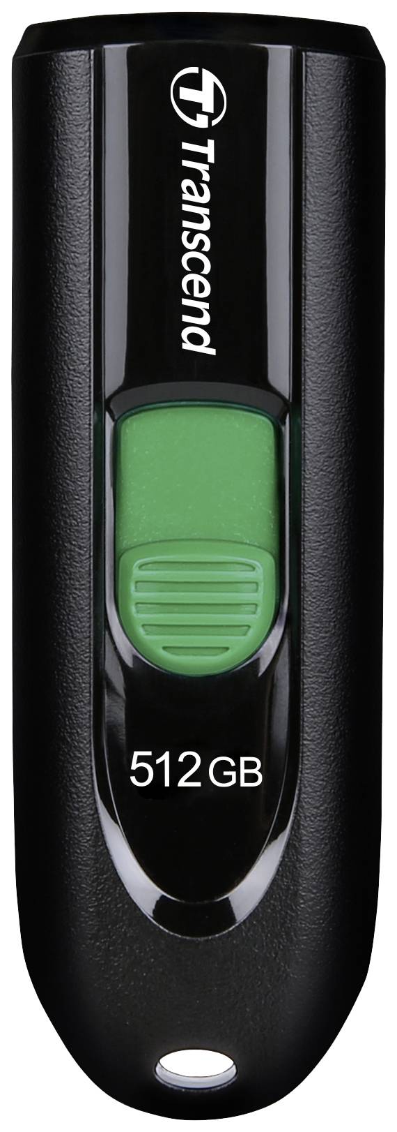 'Zwarte USB-stick van Transcend met 512 GB capaciteit, groene schuifregelaar in het midden, voor gegevensopslag en -overdracht.'