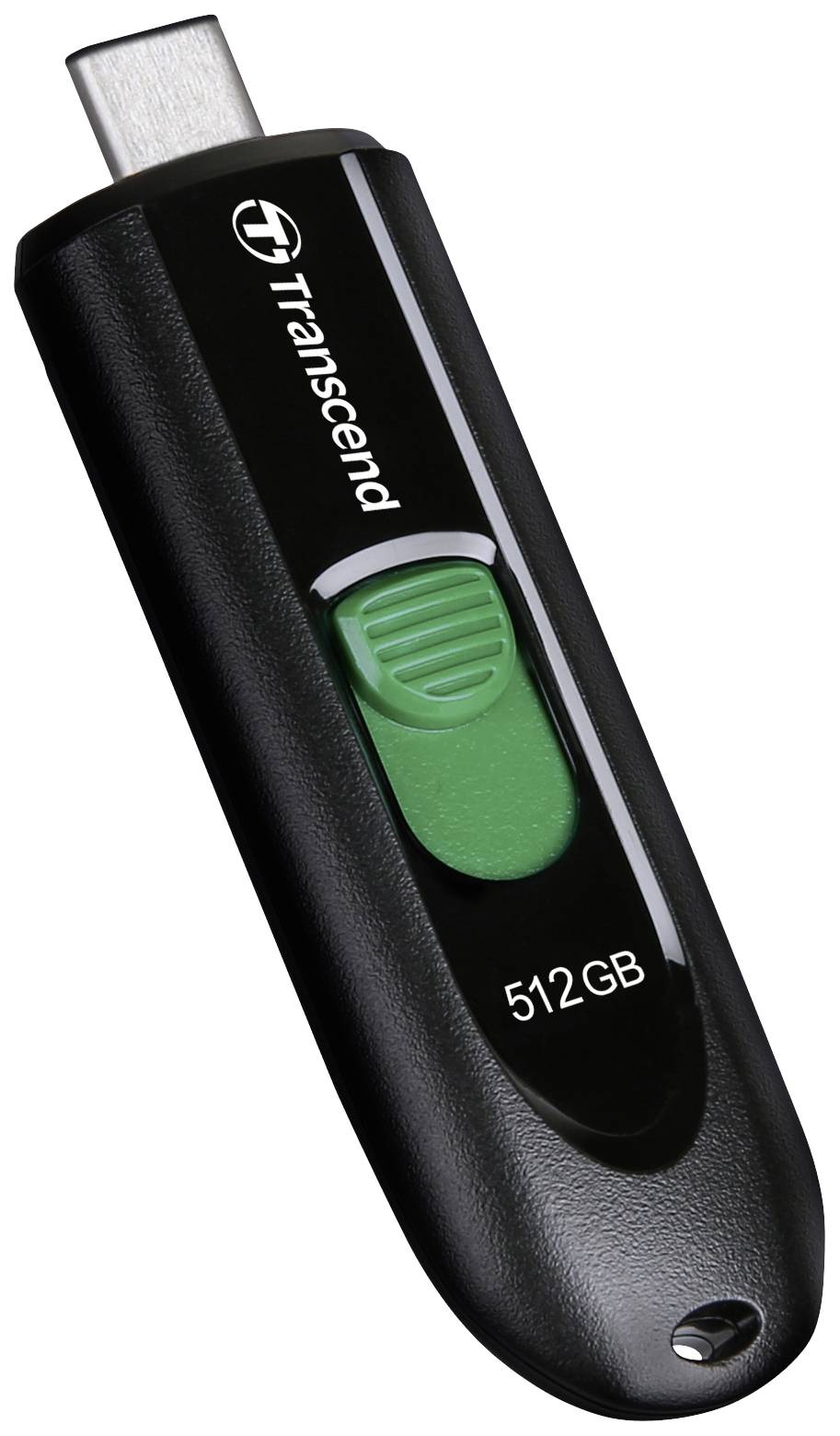 Een zwarte USB-stick met een groene schuif en de opdruk '512GB'.