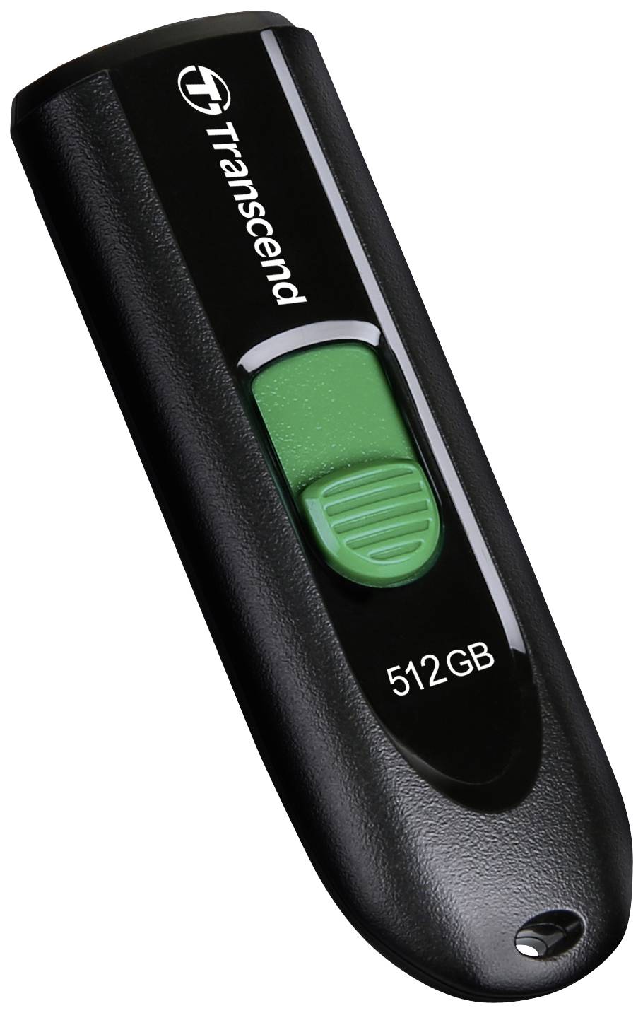 Een zwarte USB-stick van het merk Transcend met een opslagcapaciteit van 512 GB, gekenmerkt door een groene schuifschakelaar.