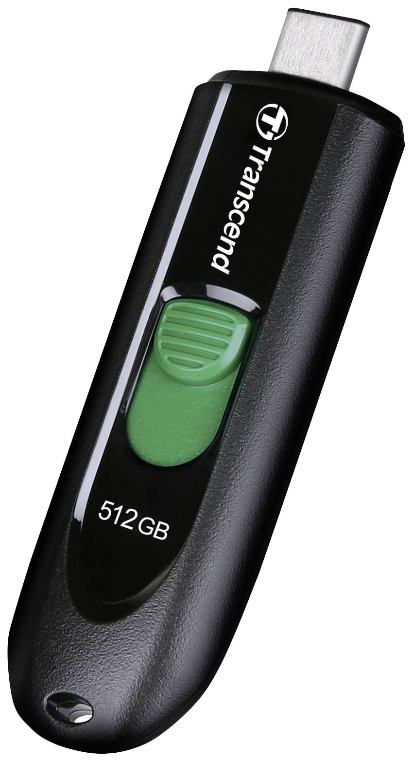 Een zwarte USB-stick van het merk 'Transcend' met een opslagcapaciteit van 512 GB en een groene schuifregelaar.