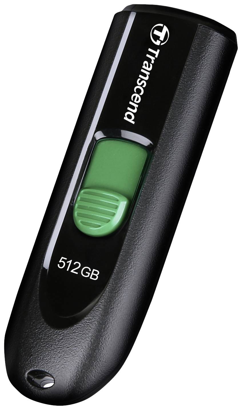 USB-stick van Transcend met 512 GB capaciteit, zwarte behuizing met groene schuifregelaar.