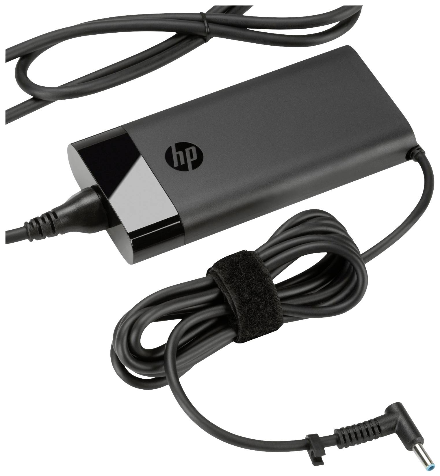 Zwart laptoplader met HP-logo, kabel en klittenband.