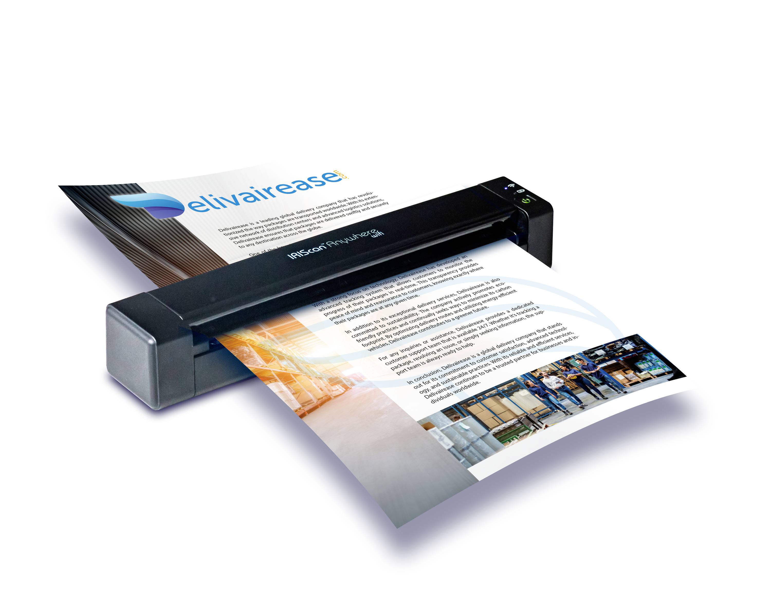 Een mobiele scanner scant een document met een 'delivarease'-logo en tekst over logistiek en levering. Op de achtergrond zijn magazijnbeelden zichtbaar.