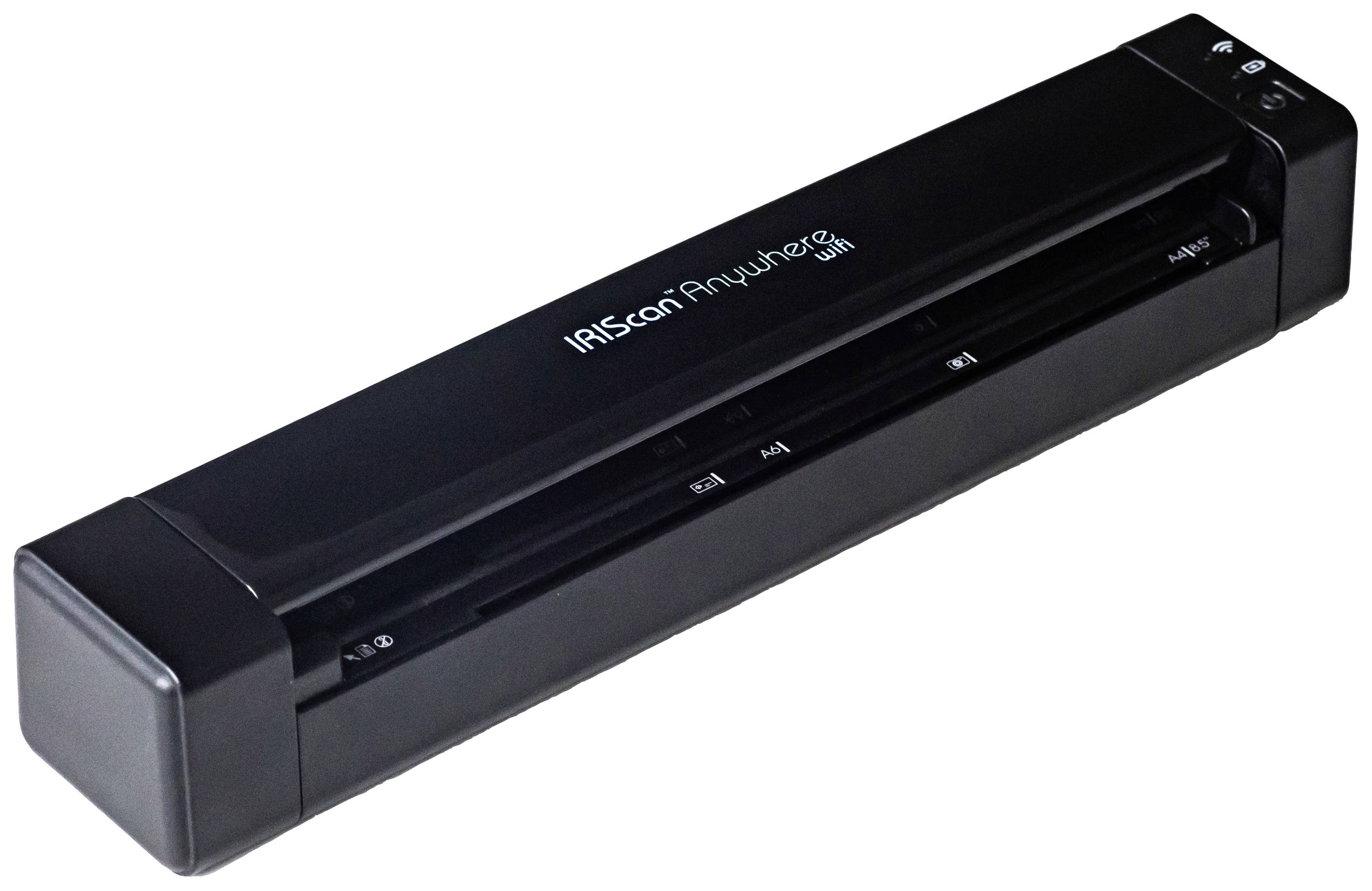 Draagbare scanner van het merk IRIScan, model 'Anywhere 5', in zwarte kleur. Ondersteunt draadloos scannen van documenten.