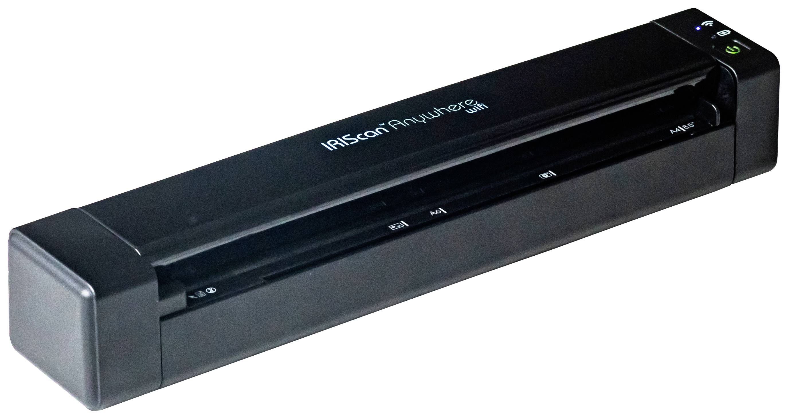Een draagbare IRIScan Anywhere Scanner, zwart, toont de invoergleuf voor documenten en bedieningselementen aan de bovenkant. Ideaal voor mobiel scannen.