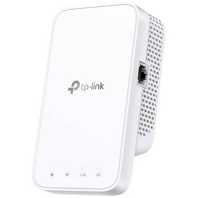 WLAN-repeater van het merk TP-Link met Ethernet-aansluiting en LED's voor 2,4G en 5G verbindingen. Apparaat staat rechtop.
