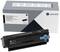 Zwarte Lexmark tonercartridge met blauwe component, naast de witte verpakking bedrukt met logo's en tekst.