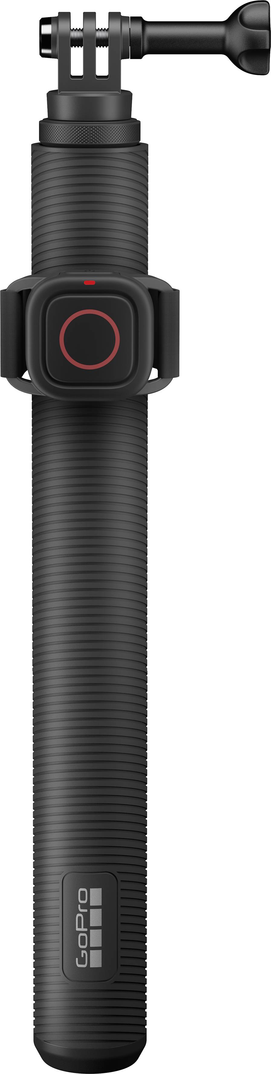 Een zwarte telescoopstang voor actiecamera's, met een bevestiging bovenaan en een knop in het midden voor bediening.