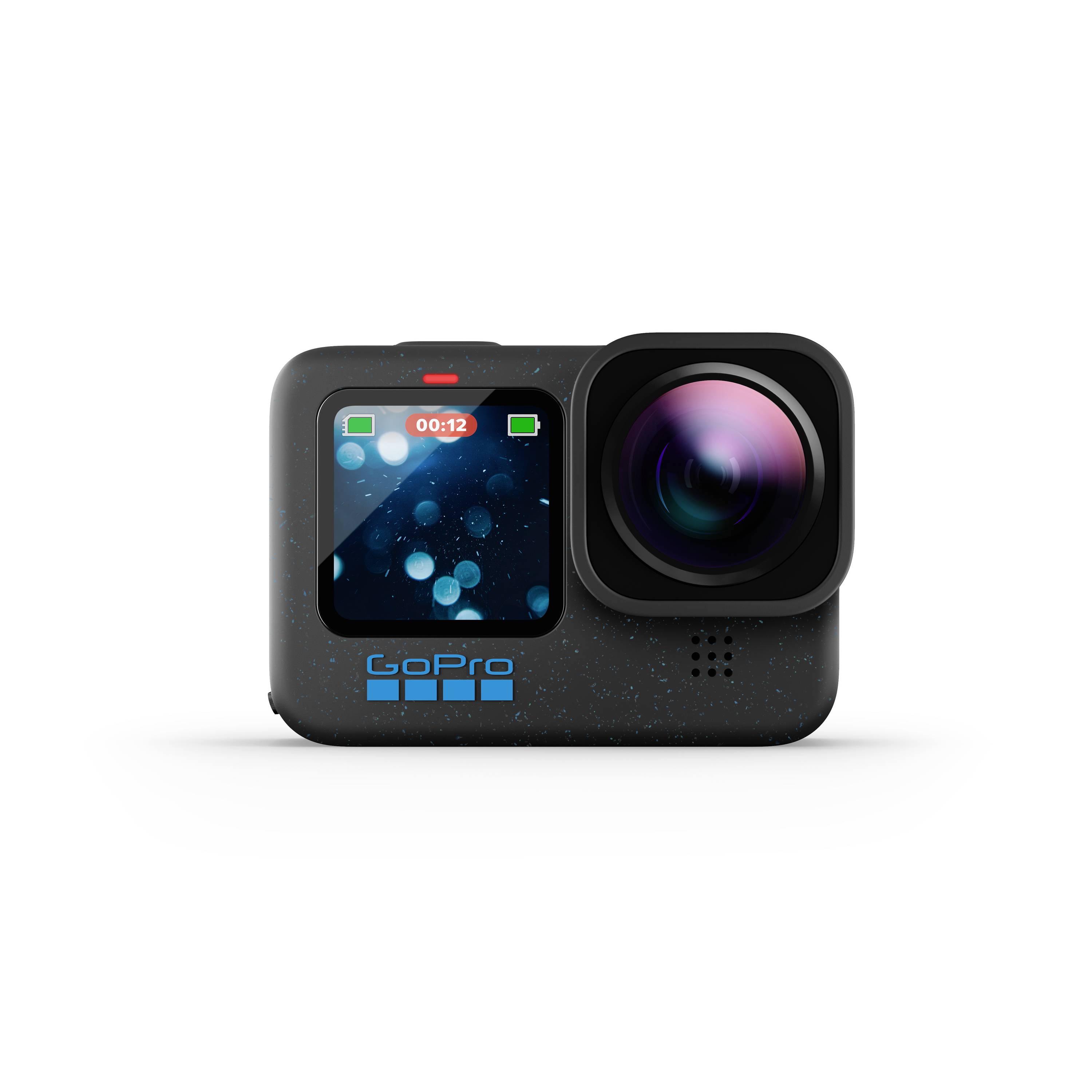 Een zwarte actiecamera met een groot objectief en een klein scherm toont een opnametijd van 0:12 seconden.