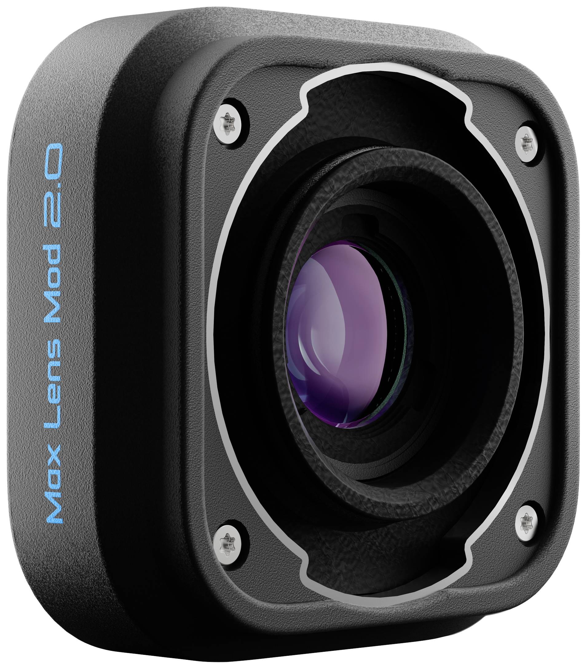 Een camera met een afneembare Max Lens Mod 2.0 lens, zwart, met een paarse glans in de lensglasplaat en blauwe tekst aan de zijkant.
